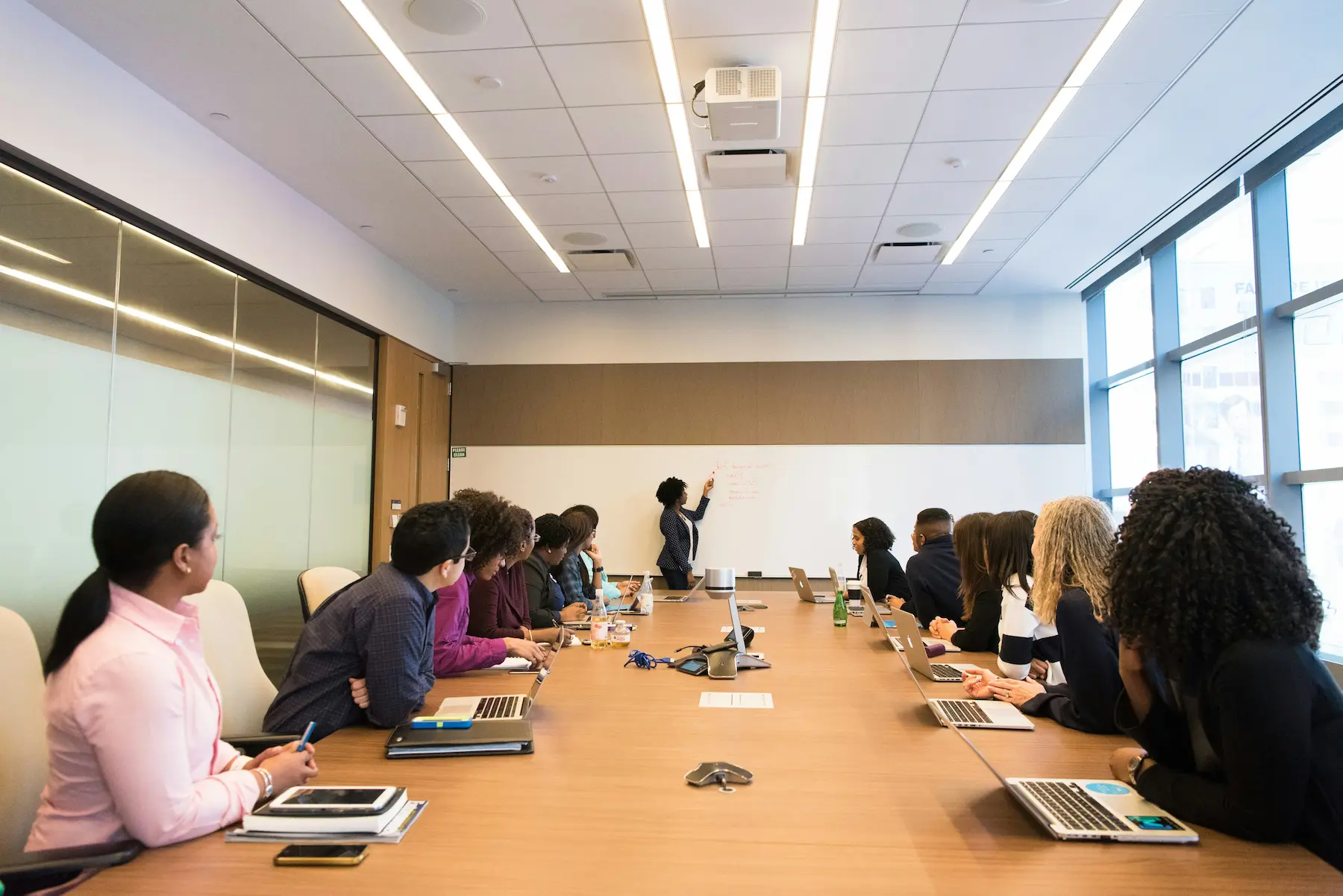 Team gathered around a conference table during a strategy discussion