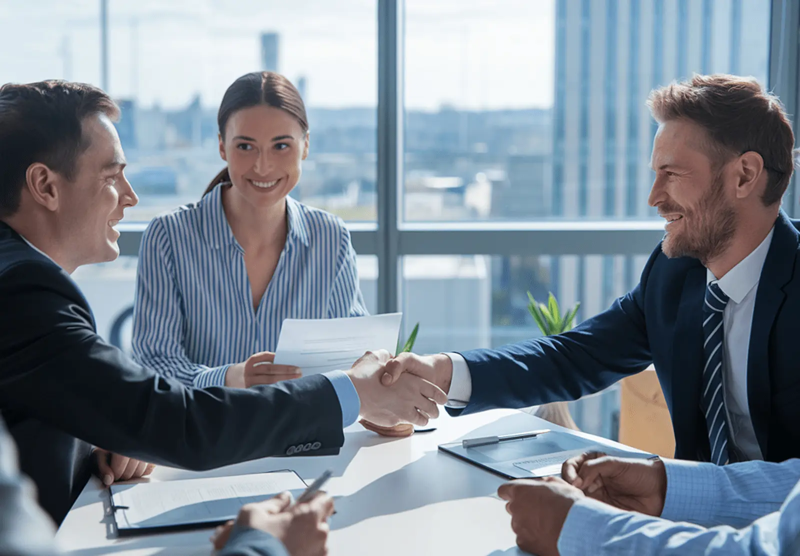 A small team working closely together around a table on strategy and execution